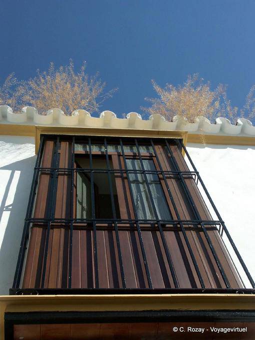 Balcony of wood between the bars, Carmona - Spain, Andalusia