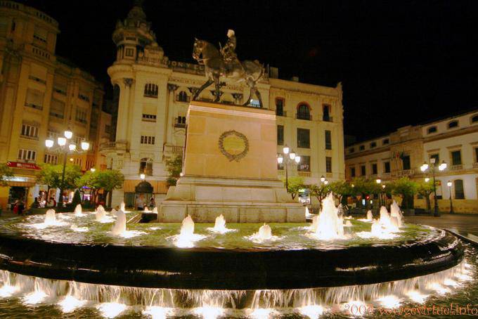 Fountain and statue in the Plaza de las Tendillas night, Cordoba - Spain, Andalusia