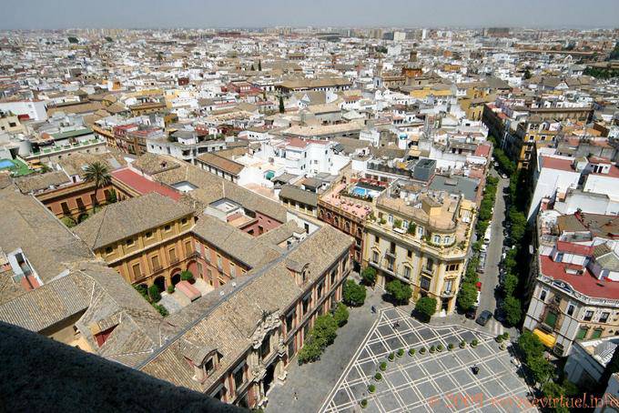 View of the Plaza del Triunfo and the Palacio Arzobispal from the top of the Giralda, Seville Cathedral - Spain