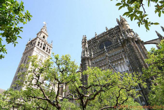 Top of the Giralda and the Gothic facade, Seville Cathedral - Spain