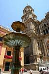 Fountain in front of the Cathedral, Malaga, Spain.