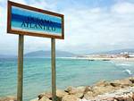 Atlantic Ocean Panel on the dike leading to the Isla de las Palomas, Tarifa, Spain.