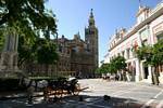 Cathedral view from the Monument dedicated to the Immaculate Conception, Plaza del Triunfo, Seville, Spain.