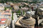 Look at the Plaza del Patio Bandera left, Plaza del Triunfo and walls from the Giralda, Seville Cathedral, Spain.