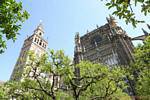 Top of the Giralda and the Gothic facade, Seville Cathedral, Spain.