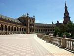View of the palace, mixing Neo-Gothic and Mudejar, Seville Plaza Espana, Spain.