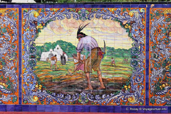 Travail des missionnaires et vie locale vue par les colons espagnols, fragment de frise, Mendoza Plaza De Espana - Argentina