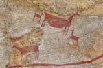 Mother and small guanacos made painting, rock painting Tehuelche, Walichu, Argentina.
