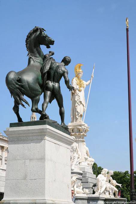 Parlament, Rossebandiger, horse trainer, bronze and Athena - Vienna - Austria
