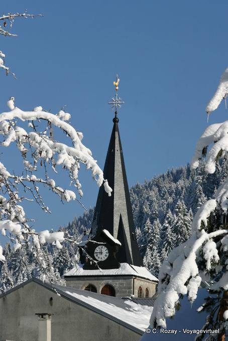 Bell tower of the Church of the Nativity of Mary, Les Gets - Alps, France