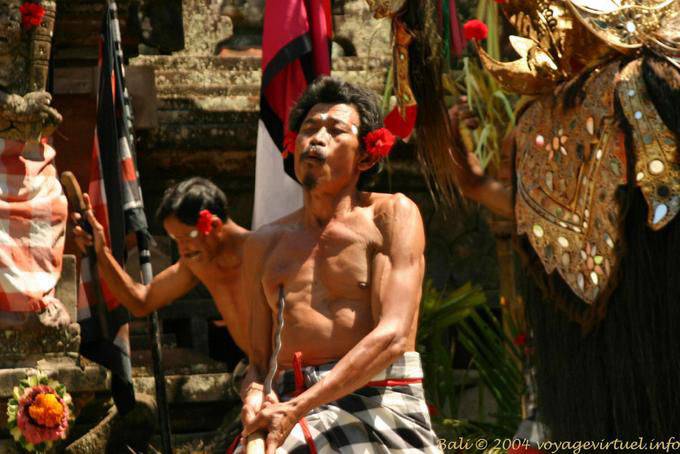Men of Barong and Kris spellbound, dance Kriss - Bali