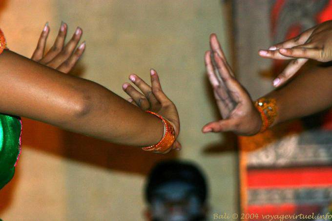 Focus on hand gestures of the dancers, dance Ramayana Nusa Dua - Bali