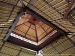 Temple roof interior with fabulous architecture of wood, Tanah Lot, Bali.
