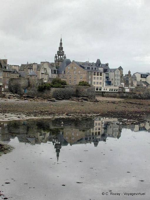 Reflecting the steeple of the church of Our Lady of Croaz Batz, Roscoff, Brittany - France