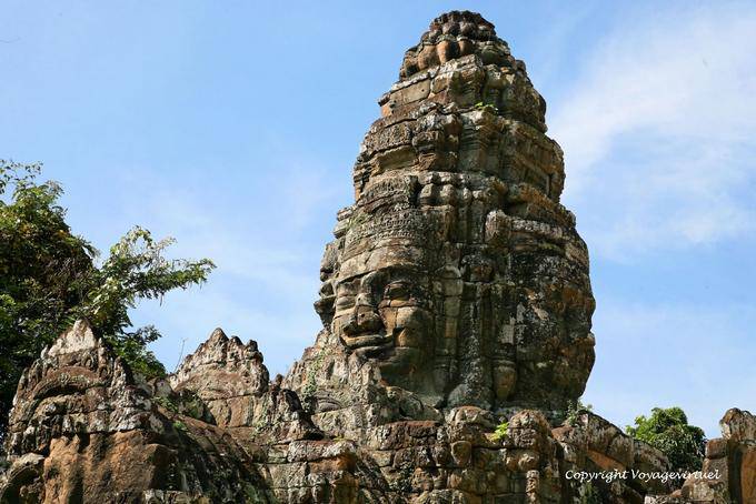 Close-up on a face of the Buddha on a gopura, Banteay Kdei, Angkor, Cambodia