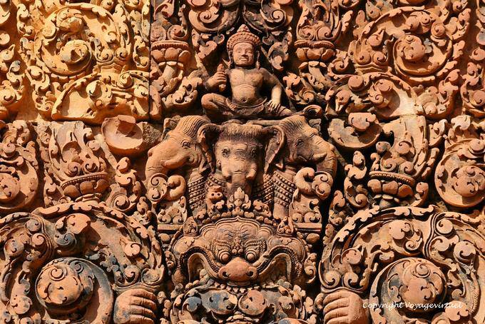 Approach the details of the relief, Banteay Srei, Angkor, Cambodia