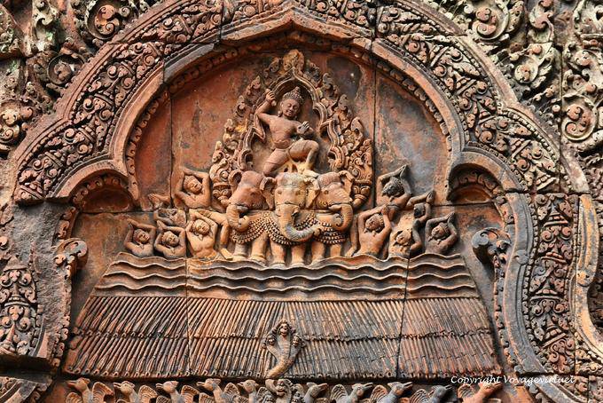 Indra on his elephant Airavata three heads, Banteay Srei, Angkor, Cambodia