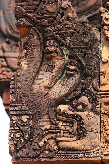 The three nagas in the mouth of kala, Banteay Srei, Angkor, Cambodia