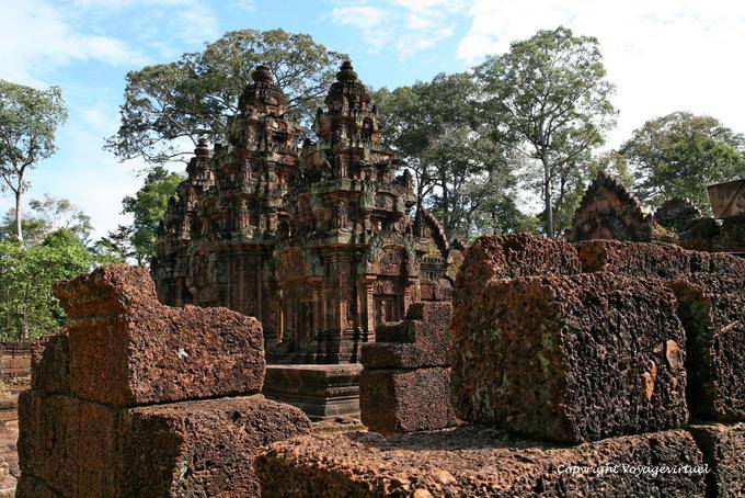 Pink sandstone blocks in front of the central shrine, Banteay Srei, Angkor, Cambodia