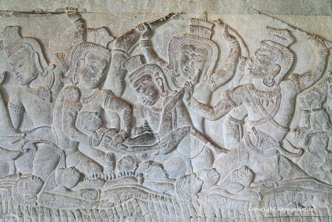 Woe to the vanquished warrior fragment in relief, Angkor Wat, Angkor, Cambodia