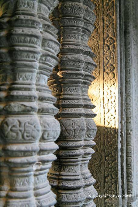Stone carved balusters through a window, Angkor Wat, Angkor, Cambodia