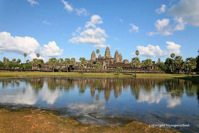 Panoramic of Angkor Wat reflecting in a pond, Angkor, Cambodia