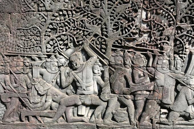 Warrior detail (low relief) Bayon Angkor Thom, Angkor, Cambodia