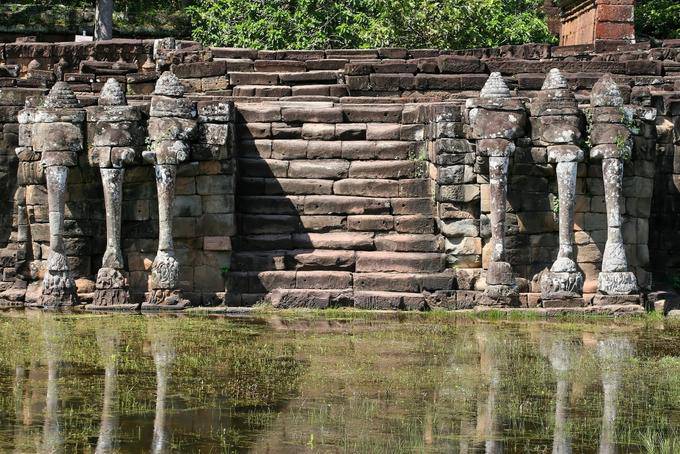 Staircase lined with three-headed elephants tearing lotus, Elephants Terrace, Angkor, Cambodia