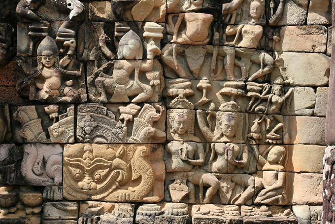 Detail of sculptures from the first basement, terrace Elephants, Angkor, Cambodia
