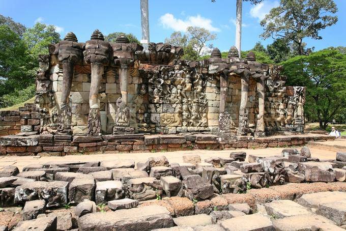Wall of the upper terrace adorned elephant with three heads, Elephant Terrace, Angkor, Cambodia