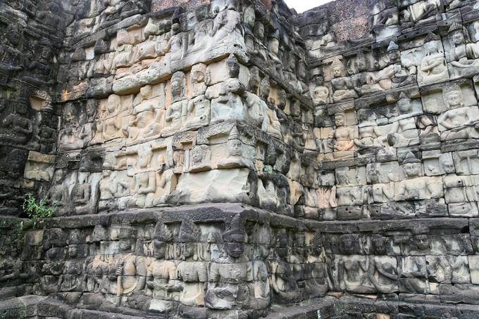 View of the carved wall high relief, Terrace of the Leper King, Angkor Thom, Angkor, Cambodia