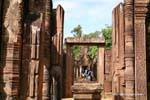 Yoni women between columns and front lintel Banteay Srei, Cambodia.