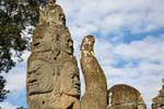 Stack of heads holding the tail of the fabulous snake, naga, moat, Angkor Thom, Cambodia.