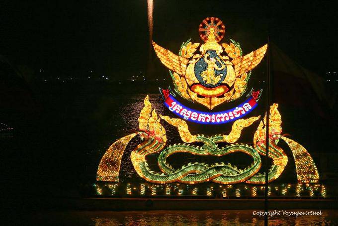 A ship of the procession of illuminated boats parading Bon Om Touk, Phnom Penh - Cambodia