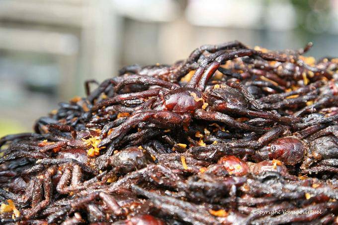 Tray of roasted black spiders, Skun - Cambodia