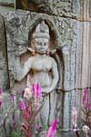 Flower and sculpture in sandstone, Wat Nokor, Kampong Cham, Cambodia.