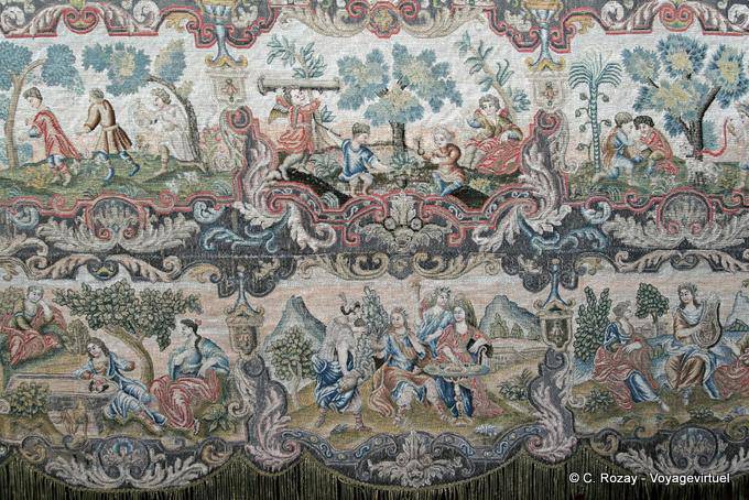Detail of embroidery of bedspread, Mercury Lounge, Versailles