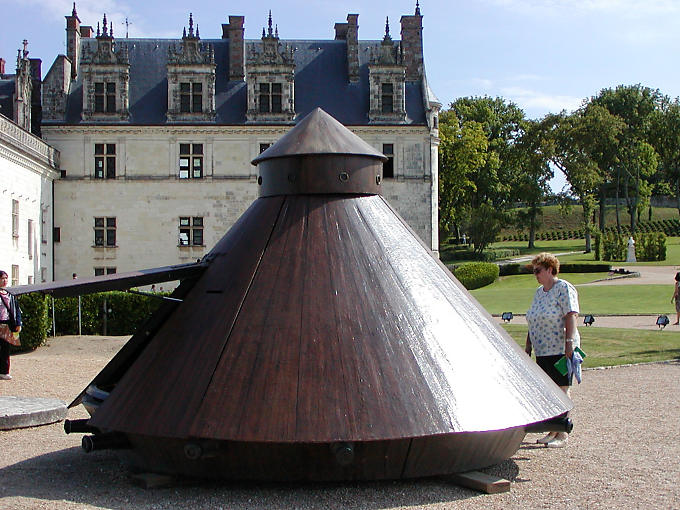 Tank-shaped flying saucer, designed by Leonardo Da Vinci, Amboise Castle, France.