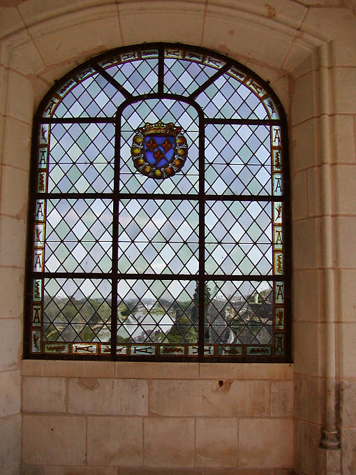 Stained glass from a window on the Loire, Amboise Castle, France.