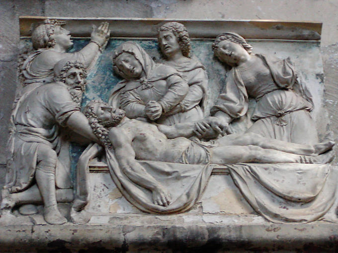 The burial of Jesus, bas-relief of the collegiate Clamecy, France.