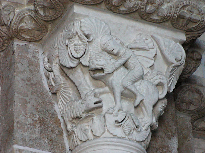 Carving a tent, Vezelay Basilica, France.