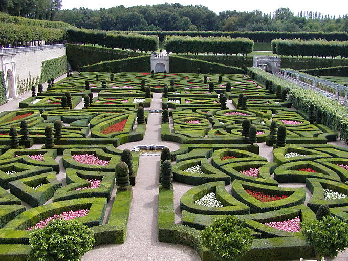 Panorama Belvedere on the ornamental garden, view from the first room, Château de Villandry, France.