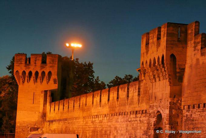 Towers and crenellated walls at night, Avignon, Provence, France