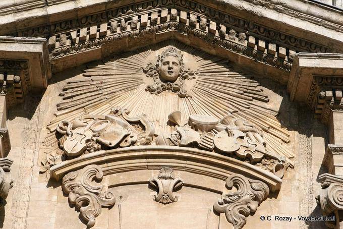 Pediment of the Ducastel Gallery, close-up view, Avignon, Provence, France