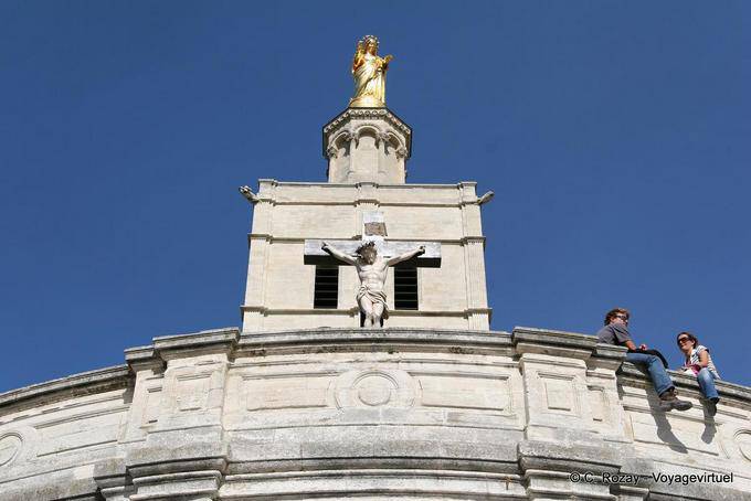 Golden Virgin at the top of the spire of Notre-Dame des Doms, Avignon, Provence, France
