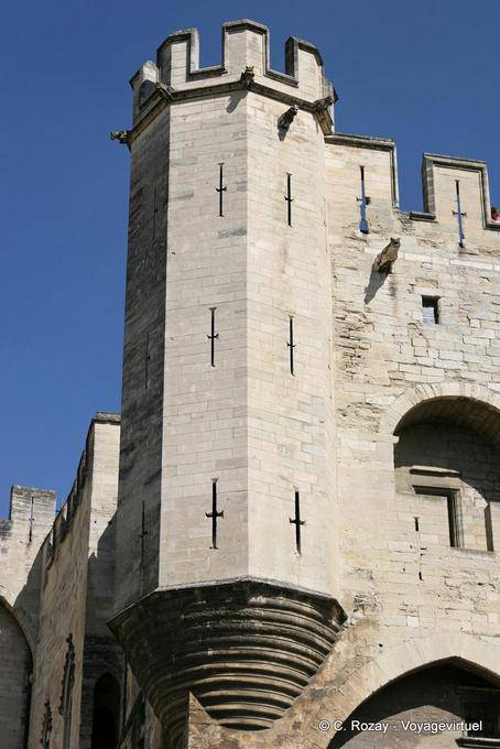 Tower angle close-up with its gargoyles, Palais des Papes, Avignon, Provence, France