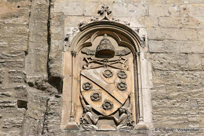 The coat of arms of Clement VI above the door of Champeaux, Palais des Papes, Avignon, Provence, France