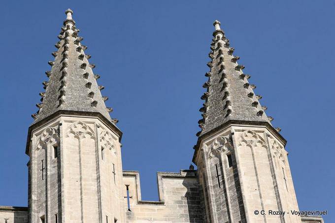 Detail of the top of the turrets of the main facade of the Palace, Avignon, Palais des Papes, Provence, France
