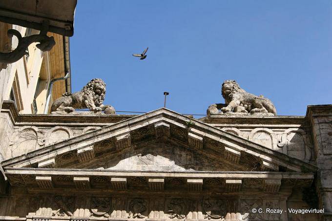 Pediment and carved lions, Avignon, Provence, France
