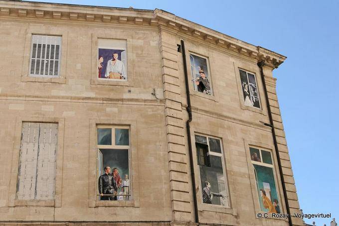 Sham of opera theater wall representation of famous artists, Corneille and Molière streets, Avignon, Provence, France